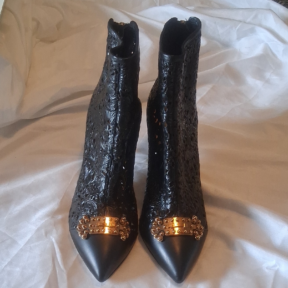 Charlotte Olympia Black Textured Ankle Boots with Gold Accents